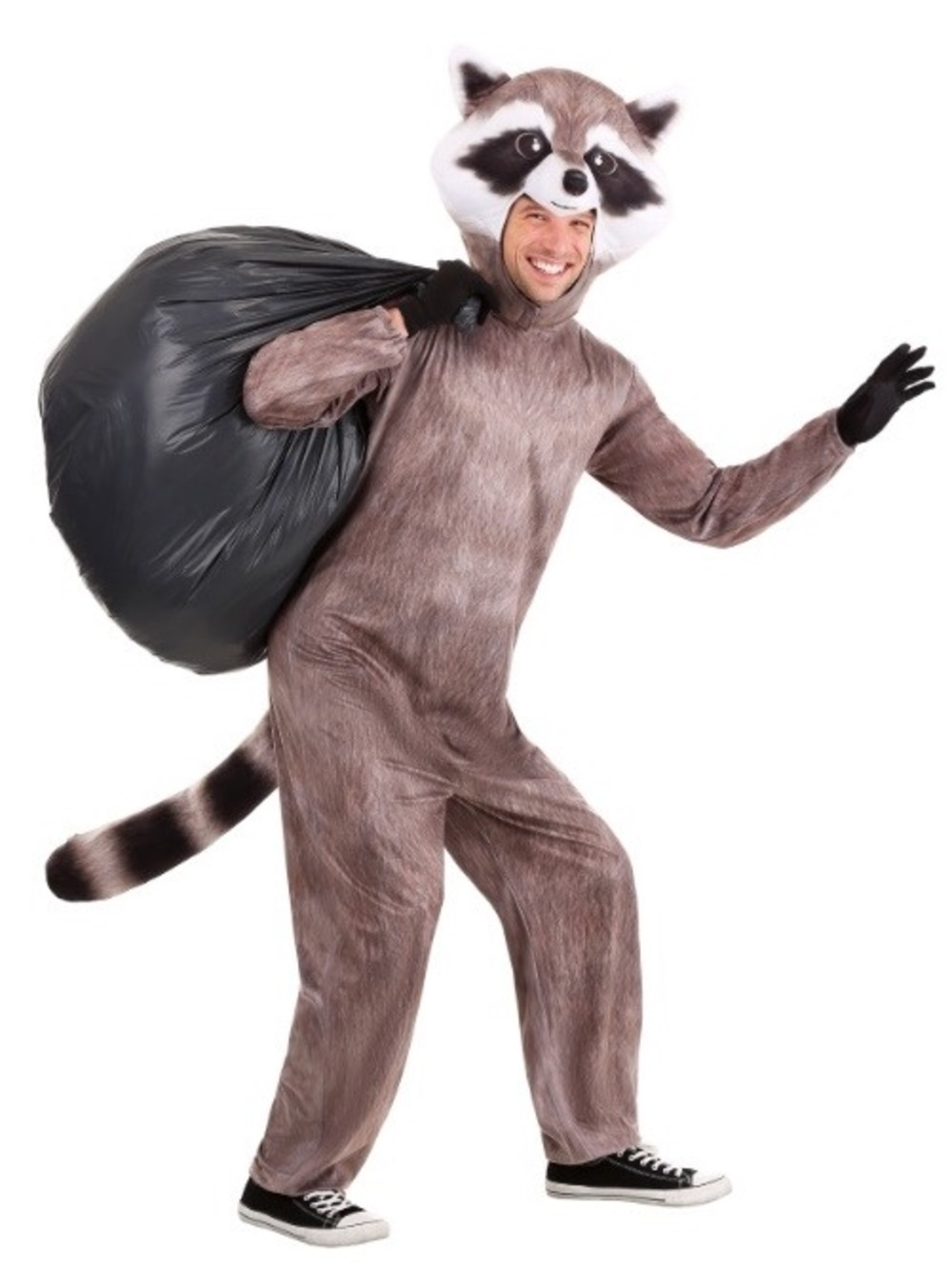 Men's Plush Raccoon Costume - Brown Faux-Fur Jumpsuit with Hood